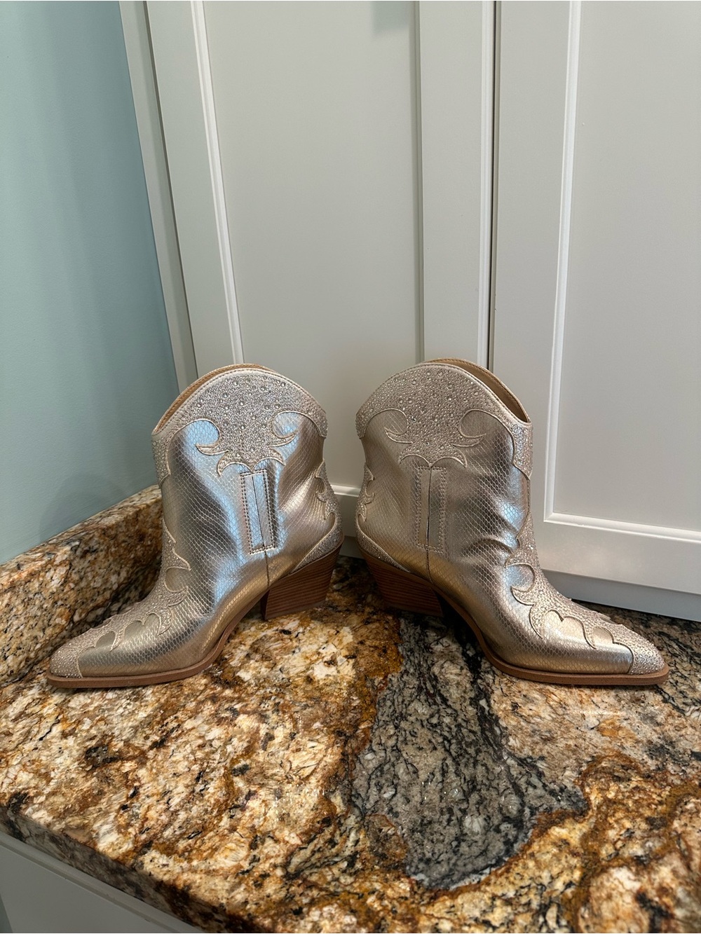 Jessica Simpson Metallic Gold Embellished Pointed Western Booties - Picture 2 of 4